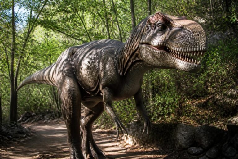 Un dinosaure grandeur nature sur un sentier boisé de Dinopedia Parc, en Cévennes près d'Alès