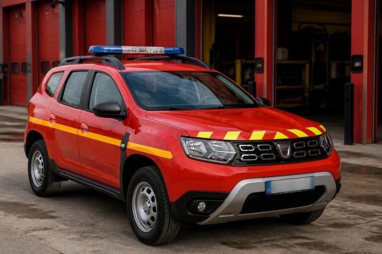Véhicule tout usage des sapeurs-pompiers stationné devant une caserne