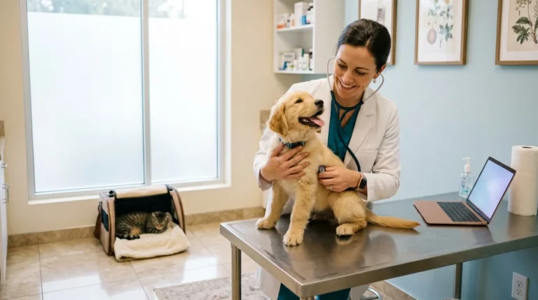 Vétérinaire souriante examine un Labrador sur table d'examen