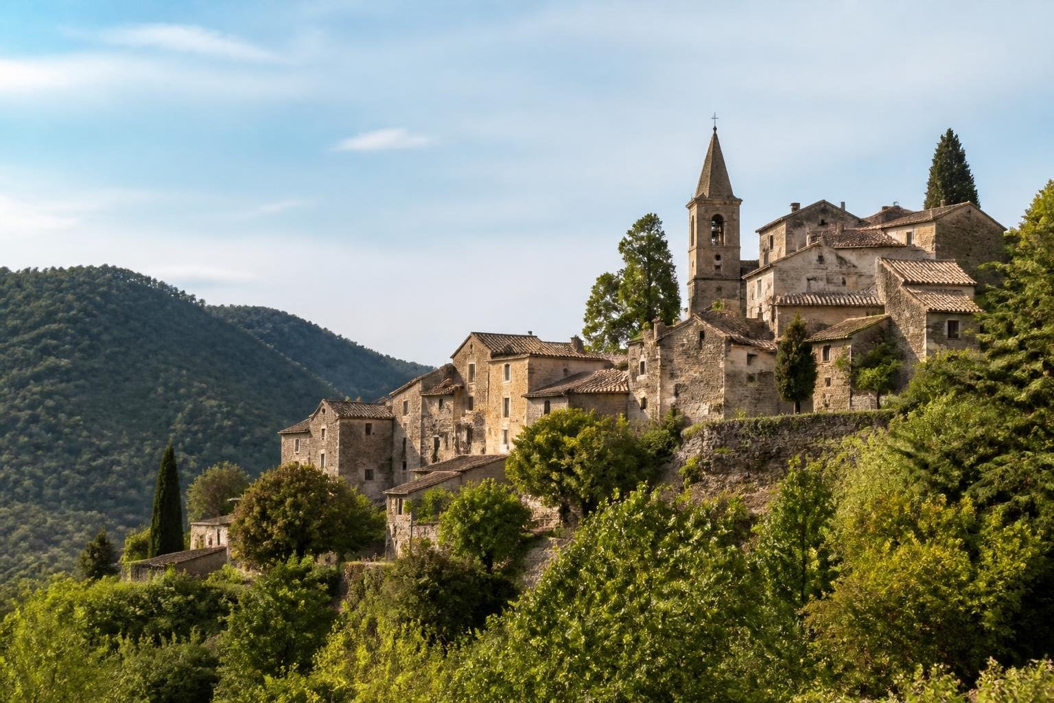 Village médiéval des Cévennes perché sur sa colline, maisons de pierre et clocher